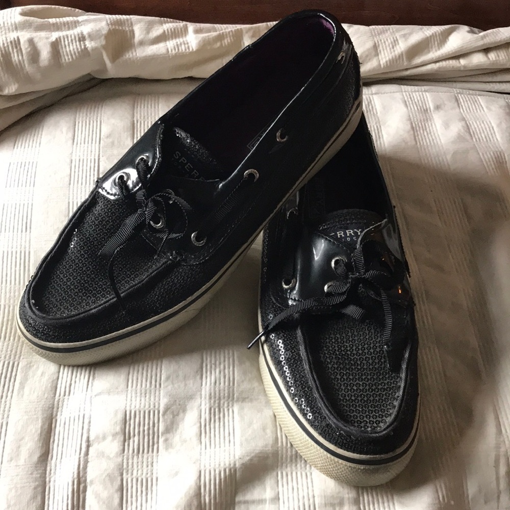 Sperry TopSiders. Black sequined. 8 - 1/2